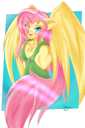 Size: 1000x1500 | Tagged: safe, artist:zekeroxblade, fluttershy, anthro, pegasus, female, pink hair, solo, wings, yellow coat