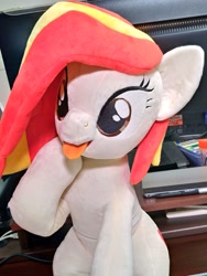 Size: 768x1024 | Tagged: safe, artist:nekokevin, oc, oc only, oc:poniko, earth pony, pony, female, irl, mare, photo, plushie, raised hoof, smiling, solo, tongue out