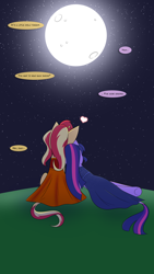 Size: 1080x1920 | Tagged: safe, artist:jase1505, sci-twi, sunset shimmer, twilight sparkle, pony, comic:night at the gala, equestria girls, clothes, comic, dialogue, dress, equestria girls-ified, female, full moon, gala dress, lesbian, moon, night, rear view, scitwishimmer, shipping, speech bubble, sunsetsparkle, unicorn sci-twi