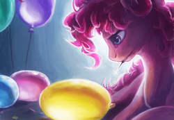 Size: 2789x1927 | Tagged: safe, artist:turnipberry, pinkie pie, earth pony, pony, .psd available, backlighting, balloon, balloon popping, mouth hold, pin, solo