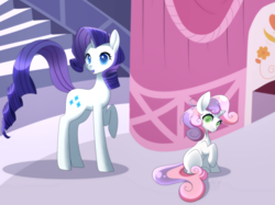 Size: 900x672 | Tagged: safe, artist:haydee, rarity, sweetie belle, pony, unicorn, carousel boutique, raised hoof