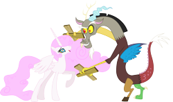 Size: 5103x3000 | Tagged: safe, artist:theshadowstone, discord, princess celestia, alicorn, pony, cotton candy, food, grin, hypnosis, hypnotized, open mouth, raised hoof, simple background, transparent background, vector