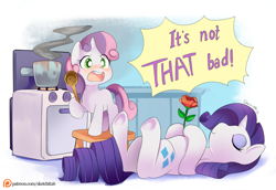 Size: 814x560 | Tagged: safe, artist:ende26, rarity, sweetie belle, pony, unicorn, blushing, cooking, cute, eyes closed, female, filly, flower, kitchen, mare, open mouth, oven, pan, playing dead, rose, saucepan, sweetie belle can't cook, sweetie fail, underhoof