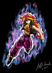 Size: 3035x4238 | Tagged: safe, artist:penspark, sunset shimmer, equestria girls, anime, anime crossover, aura, clothes, crossover, dragon ball, dragon ball super, fist, gray eyes, jacket, ka ka ka ka kachi daze, looking at you, solo, ultra instinct