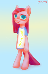 Size: 1065x1620 | Tagged: safe, artist:kaermter, pinkie pie, earth pony, pony, bipedal, clothes, cute, cuteamena, looking at you, pinkamena diane pie, shirt, simple background, solo
