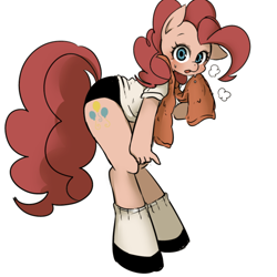 Size: 752x751 | Tagged: safe, artist:umeguru, pinkie pie, anthro, clothes, shirt, simple background, solo, sweat, towel