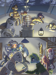 Size: 3000x4000 | Tagged: safe, artist:sourcherry, derpy hooves, oc, oc:bright flush, oc:cookie dough jojo, oc:fortune strike, oc:npc, oc:spring, oc:valkyrie, classical hippogriff, earth pony, hippogriff, pony, unicorn, hoofwrestle, hug, night, teapot, winter outfit