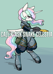 Size: 1280x1782 | Tagged: safe, artist:toki, princess celestia, alicorn, pony, ask snake luna, banana, bipedal, konami, metal gear, metal gear solid, solo