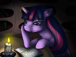 Size: 1024x768 | Tagged: dead source, safe, artist:naonii, derpibooru import, twilight sparkle, book, candle, night, reading, solo