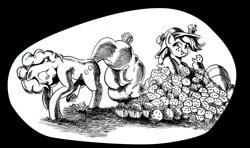 Size: 1024x605 | Tagged: safe, artist:mozakiaeolus, applejack, pinkie pie, earth pony, pony, female, mare, monochrome