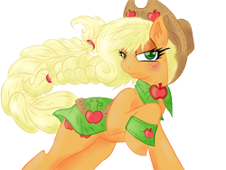 Size: 960x720 | Tagged: safe, artist:embozine, applejack, earth pony, pony, blushing, clothes, dress, ear fluff, gala dress, looking at you, raised hoof, simple background, solo