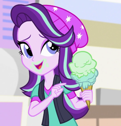 Size: 666x694 | Tagged: safe, screencap, starlight glimmer, equestria girls, mirror magic, spoiler:eqg specials, beanie, cropped, food, hat, ice cream, solo