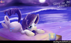 Size: 1485x900 | Tagged: safe, artist:clouddg, rarity, pony, unicorn, beach, night, solo