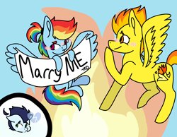 Size: 2700x2100 | Tagged: safe, artist:arrow-bow, derpibooru import, rainbow dash, soarin', spitfire, pegasus, pony, female, implied shipping, implied soarindash, implied soarinfire, implied straight, jealous, lesbian, shipping, spitdash