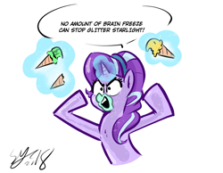 Size: 1703x1321 | Tagged: safe, artist:christheblue, starlight glimmer, crystal pony, pony, unicorn, brain freeze, crystallized, food, hangry, ice cream, simple background, solo, wat, white background