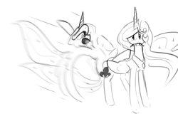 Size: 1280x819 | Tagged: safe, artist:darkflame75, princess celestia, princess luna, alicorn, pony, crash, lunadoodle, monochrome