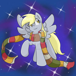 Size: 1024x1024 | Tagged: safe, artist:yoshimarsart, derpy hooves, pegasus, pony, clothes, female, fourth doctor's scarf, implied doctorderpy, mare, scarf, solo, watermark