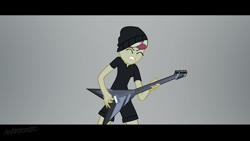 Size: 1280x720 | Tagged: safe, artist:ngrycritic, sunset shimmer, equestria girls, beanie, clothes, electric guitar, eyes closed, gritted teeth, guitar, hat, jonathan young, shirt, simple background, solo