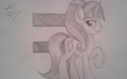 Size: 1024x641 | Tagged: safe, artist:envygirl95, starlight glimmer, pony, unicorn, cutie mark background, equal sign, female, gray background, grayscale, mare, monochrome, pencil drawing, raised hoof, signature, simple background, solo, traditional art