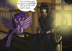 Size: 1500x1050 | Tagged: safe, artist:atteez, derpibooru import, twilight sparkle, twilight sparkle (alicorn), alicorn, human, pony, crossover, cute, female, john marston, mare, red dead redemption, twiabetes