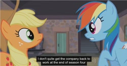 Size: 854x448 | Tagged: safe, derpibooru import, screencap, applejack, rainbow dash, earth pony, pegasus, pony, the cutie map, meme, youtube caption