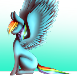 Size: 3000x3000 | Tagged: safe, artist:oceandream0, derpibooru import, rainbow dash, pegasus, pony, eyes closed, female, hair over one eye, mare, missing cutie mark, sitting, solo, spread wings, wings