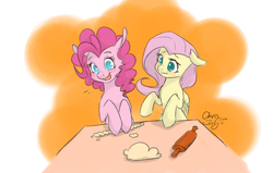 Size: 2200x1400 | Tagged: safe, artist:xcopyen002, fluttershy, pinkie pie, earth pony, pegasus, pony, baking, bipedal, dough, floppy ears, simple background