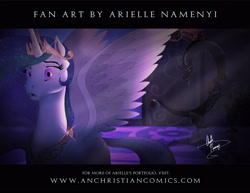 Size: 3300x2550 | Tagged: safe, artist:an-christiancomics, discord, princess celestia, alicorn, pony, female, horn, mare, multicolored mane, solo, style emulation, white coat