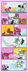 Size: 600x1528 | Tagged: safe, artist:coyotecoyote, pinkie pie, princess celestia, oc, oc:digit, alicorn, changeling, earth pony, pony, comic:gastrophobia, comic, crimes against equestria, offspring, parent:pinkie pie, promo, tyrant celestia, webcomic