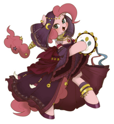 Size: 1000x1094 | Tagged: safe, artist:umeguru, pinkie pie, earth pony, pony, alternate hairstyle, bipedal, clothes, dress, gypsy bard, gypsy pie, looking at you, musical instrument, open mouth, romani, solo, tambourine