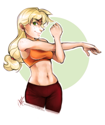 Size: 673x803 | Tagged: safe, artist:ddhew, applejack, human, abs, applerack, belly button, breasts, female, freckles, humanized, light skin, midriff, solo, stretching