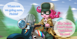 Size: 1500x765 | Tagged: safe, artist:vavacung, derpibooru import, pinkie pie, rainbow dash, earth pony, pegasus, pony, clothes, dialogue, female, inanimate tf, kino no tabi: the beautiful world, mare, motorcycle, objectification, smiling, speech bubble, transformation