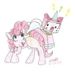 Size: 1356x1301 | Tagged: safe, artist:erenerakhard, pinkie pie, earth pony, pony, crossover, lego, the lego movie, traditional art, unikitty