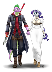 Size: 645x900 | Tagged: safe, artist:pia-sama, rarity, spike, anthro, devil may cry, devil may cry 4, female, holding hands, kyrie (devil may cry), male, nero (devil may cry), older, older spike, shipping, sparity, straight