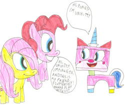 Size: 1107x929 | Tagged: safe, artist:sithvampiremaster27, fluttershy, pinkie pie, earth pony, pegasus, pony, crossover, dialogue, lego, the lego movie, traditional art, unikitty