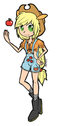 Size: 318x674 | Tagged: safe, artist:morwenhelyanwe, applejack, human, apple, eared humanization, front knot midriff, humanized, light skin, midriff, overalls, simple background, solo