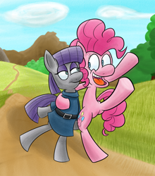 Size: 1000x1137 | Tagged: safe, artist:coffeebanana, maud pie, pinkie pie, earth pony, pony, bipedal