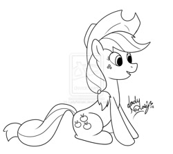 Size: 948x842 | Tagged: safe, artist:ladynanaki, applejack, earth pony, pony, monochrome, sitting, solo, watermark