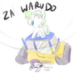 Size: 1280x1257 | Tagged: safe, artist:nobody, rarity, sweetie belle, pony, unicorn, annoyed, eyes closed, floppy ears, frown, glare, jojo's bizarre adventure, open mouth, prone, road roller, road roller da, smiling, steam roller, tongue out, za warudo