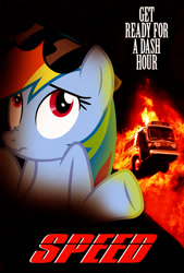 Size: 735x1088 | Tagged: safe, artist:dan232323, derpibooru import, rainbow dash, pegasus, pony, bus, explosion, fire, gm new look, movie poster, parody, scrunchy face, speed (movie), sunglasses