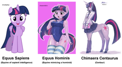 Size: 1585x874 | Tagged: safe, artist:couldysky, artist:kazeco, artist:shepherd0821, derpibooru import, twilight sparkle, twilight sparkle (alicorn), alicorn, anthro, centaur, hybrid, unguligrade anthro, ambiguous facial structure, arial, blouse, chimaera centaurus, clothes, cutie mark, eared humanization, equus hominis, equus sapiens, horned humanization, humanized, necktie, one-piece swimsuit, pleated skirt, realistic horse legs, school swimsuit, science, skirt, socks, striped socks, swimsuit, taxonomy