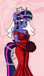 Size: 844x1464 | Tagged: safe, artist:newyorkx3, derpibooru import, twilight sparkle, twilight sparkle (alicorn), alicorn, anthro, blushing, breasts, bride, cleavage, clothes, dress, female, flower, gown, implied flashlight, implied shipping, implied straight, solo, traditional art, wedding dress