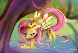 Size: 1024x705 | Tagged: safe, artist:berru-chan, fluttershy, pegasus, pony, animal, salamander, solo, water