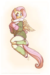 Size: 457x680 | Tagged: safe, artist:thezeo, fluttershy, anthro, clothes, female, gloves, leg warmers, panting, scarf, solo, winter