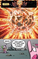 Size: 374x571 | Tagged: safe, idw, pinkie pie, spike, dragon, earth pony, pony, bad end, breaking the fourth wall, comic, earth, fourth wall, marvel, meme, meta, this is a kid's comic