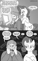 Size: 670x1080 | Tagged: dead source, safe, artist:pluckyninja, rarity, human, comic, criticism, monochrome