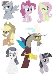 Size: 2067x2923 | Tagged: safe, artist:oceanbreezebrony, derpibooru import, applejack, discord, fluttershy, pinkie pie, rainbow dash, rarity, twilight sparkle, unicorn twilight, draconequus, earth pony, pegasus, pony, unicorn, discorded, discorded twilight, flutterbitch, greedity, liar face, liarjack, mane six, meanie pie, rainbow ditch, simple background, sticker, transparent background