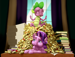 Size: 1500x1140 | Tagged: safe, artist:samum41, spike, starlight glimmer, dragon, pony, unicorn, a matter of principals, book, female, looking up, male, mare, pile, scene interpretation, scroll, winged spike