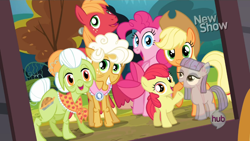 Size: 1440x810 | Tagged: safe, edit, edited screencap, screencap, apple bloom, applejack, big macintosh, goldie delicious, granny smith, maud pie, pinkie pie, earth pony, ghost, pony, pinkie pride, hub logo, male, stallion, the ghost of obsidian pie