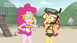 Size: 2208x1242 | Tagged: safe, screencap, pinkie pie, sunset shimmer, better together, equestria girls, unsolved selfie mysteries, belly button, clothes, geode of empathy, geode of sugar bombs, goggles, magical geodes, midriff, snorkel, swimsuit